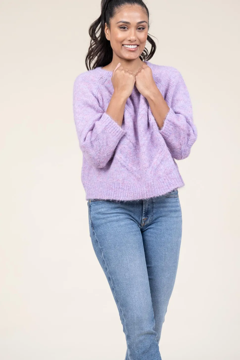 Cropped Cable Sweater Tortuga | Purple... | Lollys Laundry | Little Soho