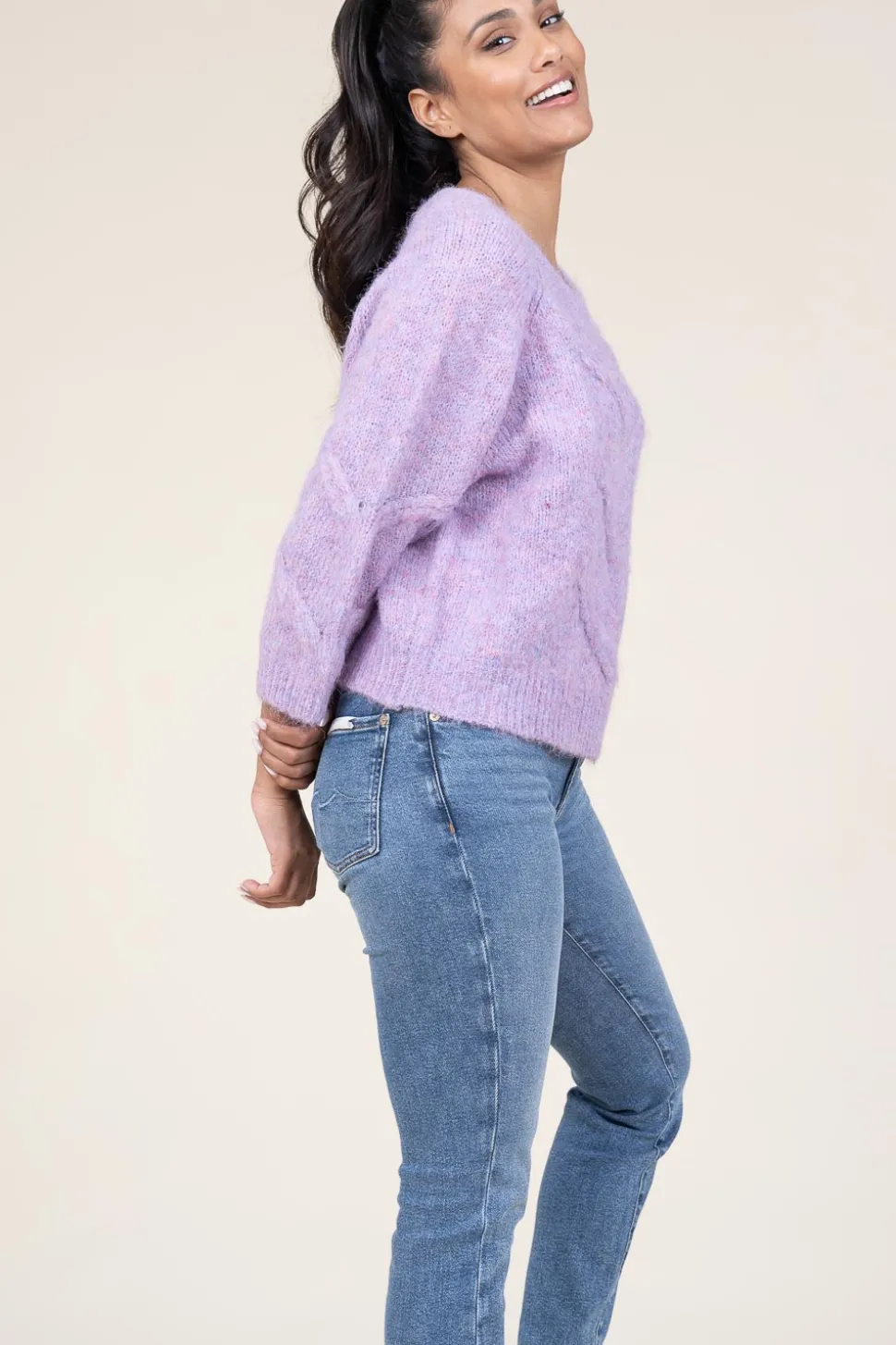 Cropped Cable Sweater Tortuga | Purple... | Lollys Laundry | Little Soho