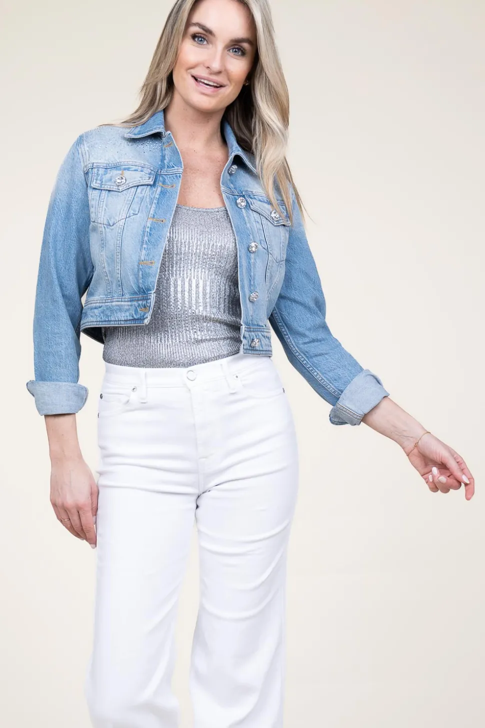 Cropped Denim Jacket With Rhinestones Rinazzo | Blue... | Liu Jo | Little Soho