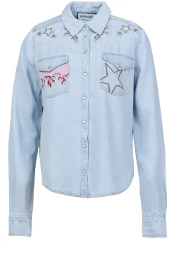 Denim Blouse With Embroidery Cabana Flamme | Blue... | Berenice | Little Soho