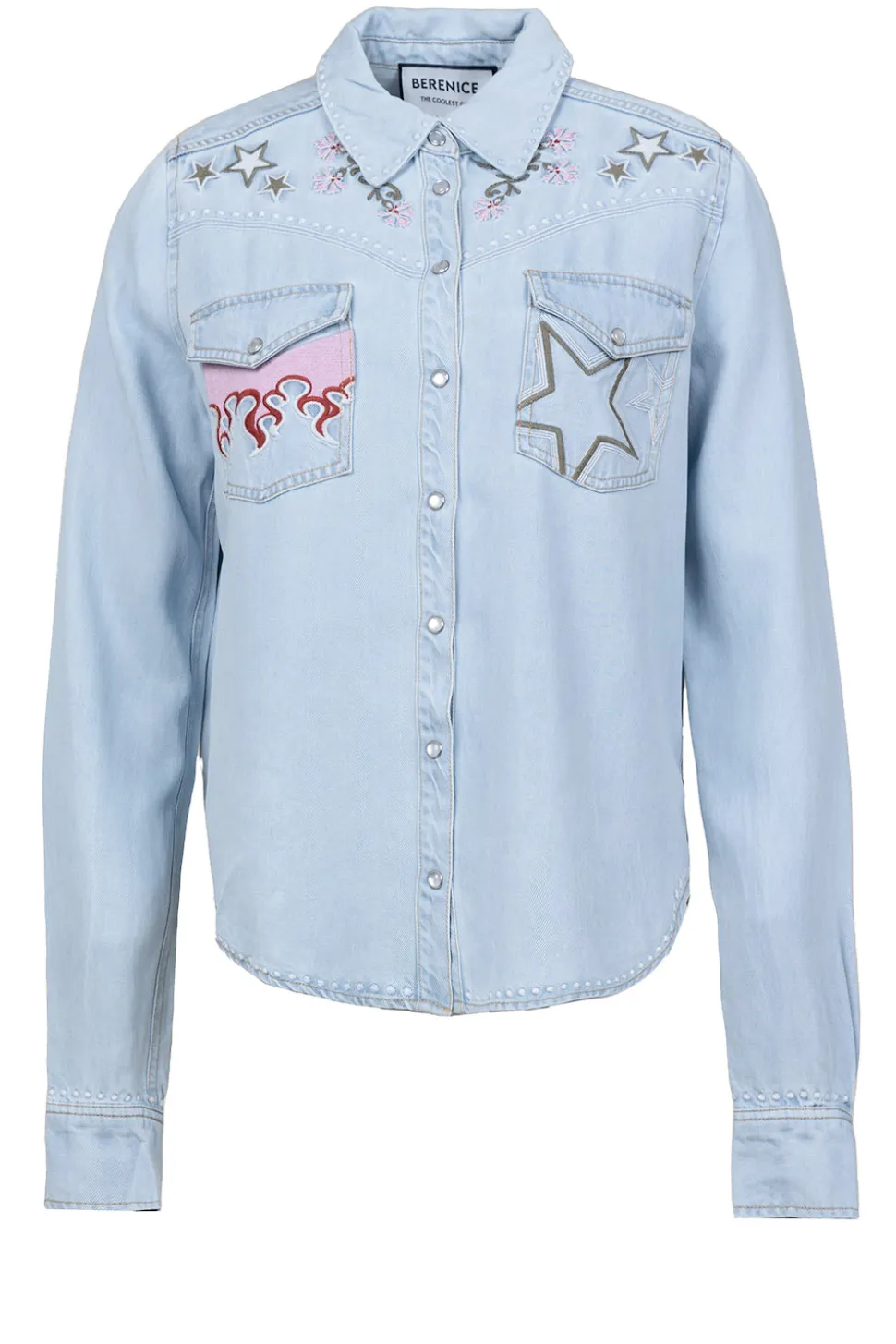 Denim Blouse With Embroidery Cabana Flamme | Blue... | Berenice | Little Soho