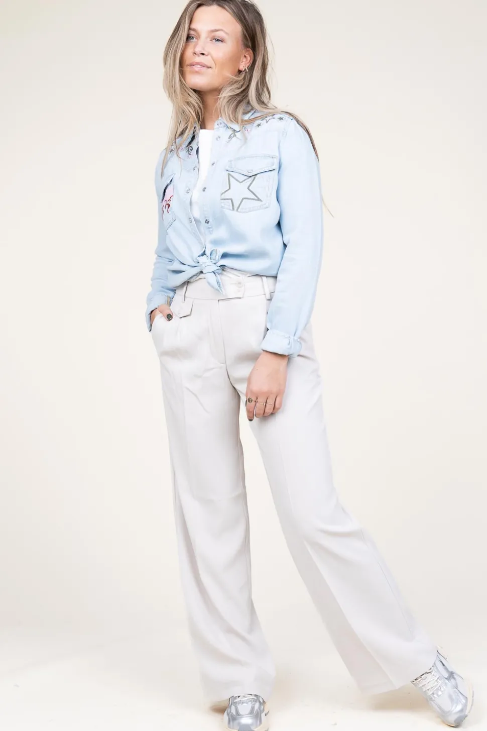 Denim Blouse With Embroidery Cabana Flamme | Blue... | Berenice | Little Soho