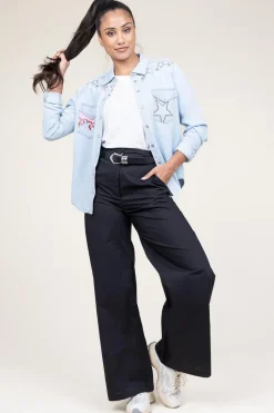 Denim Blouse With Embroidery Cabana Flamme | Blue... | Berenice | Little Soho