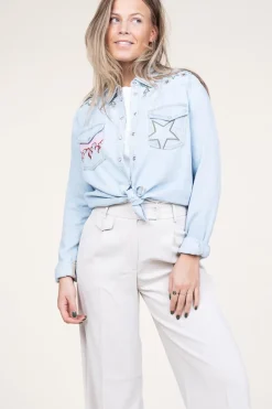 Denim Blouse With Embroidery Cabana Flamme | Blue... | Berenice | Little Soho