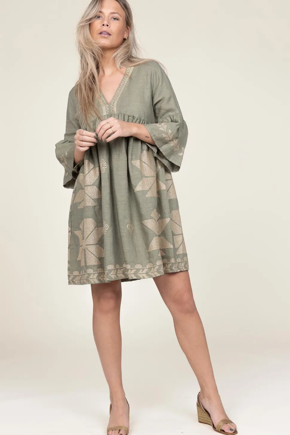 Dress With Gold Colored Embroidery Alena | Green... | Greek Archaic Kori | Little Soho