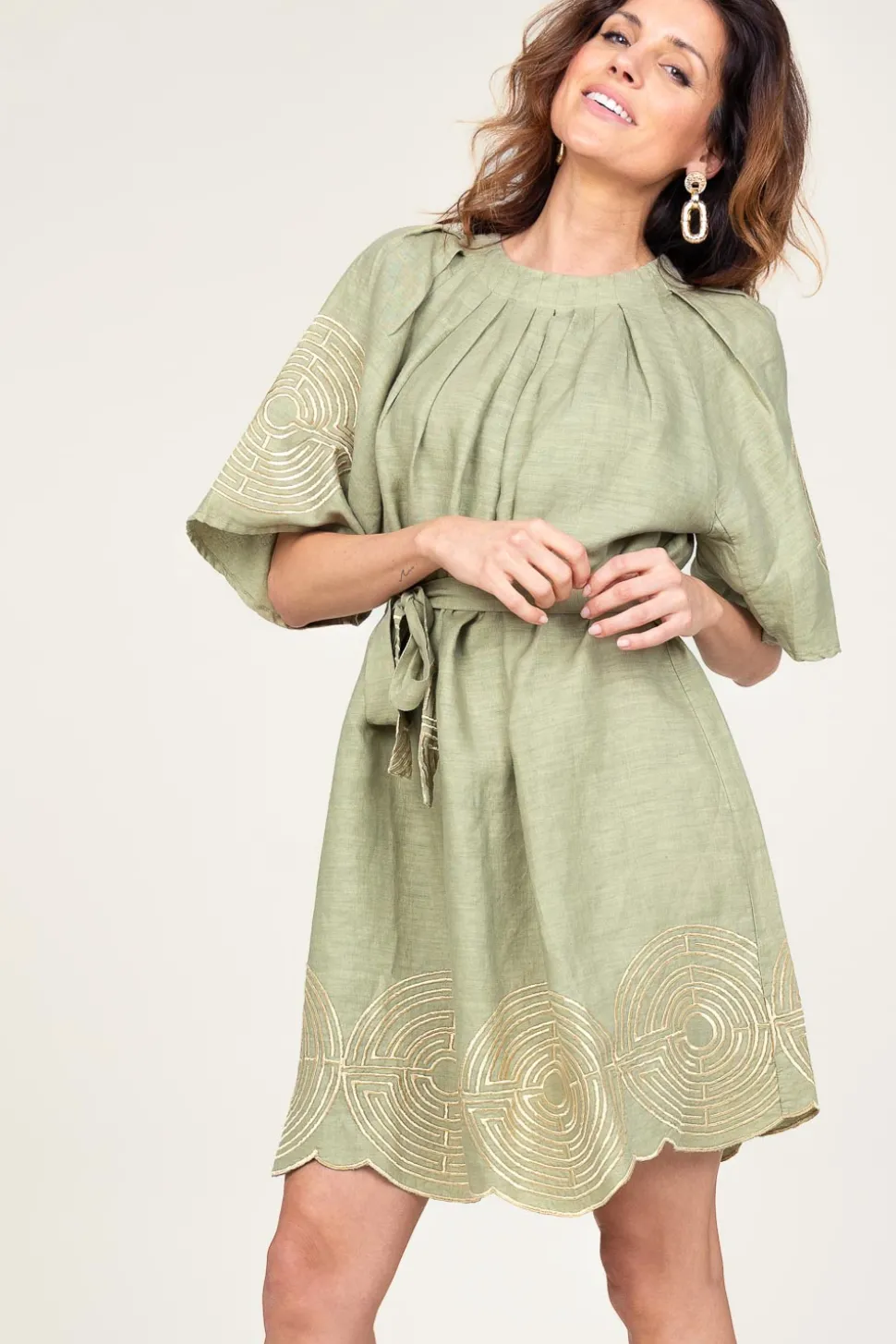 Dress With Labyrinth Embroidery Zoe | Green... | Greek Archaic Kori | Little Soho