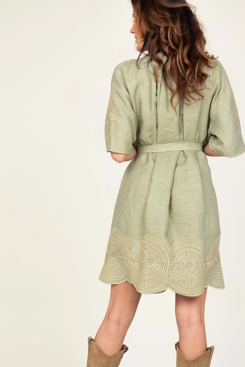 Dress With Labyrinth Embroidery Zoe | Green... | Greek Archaic Kori | Little Soho