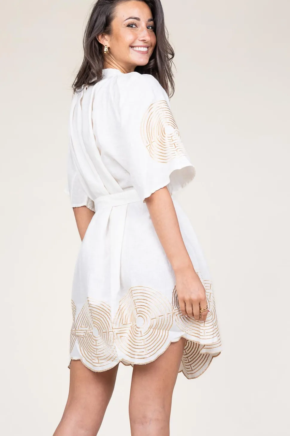 Dress With Labyrinth Embroidery Lilly | Gold... | Greek Archaic Kori | Little Soho