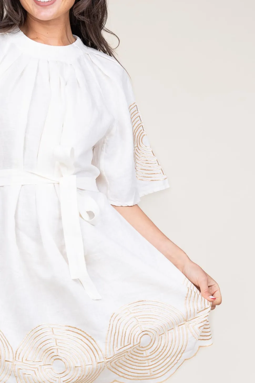Dress With Labyrinth Embroidery Lilly | Gold... | Greek Archaic Kori | Little Soho