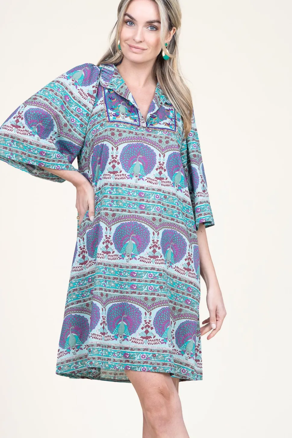 Dress With Print And Embroidery Tala | Blue... | Antik Batik | Little Soho