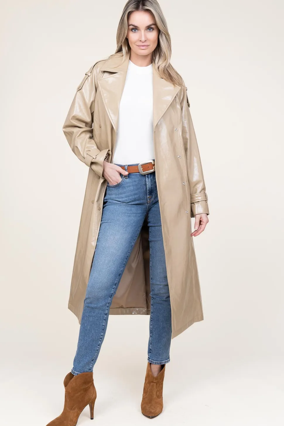 Faux Leather Lacquer Trenchcoat Marceau | Camel... | Dante 6 | Little Soho