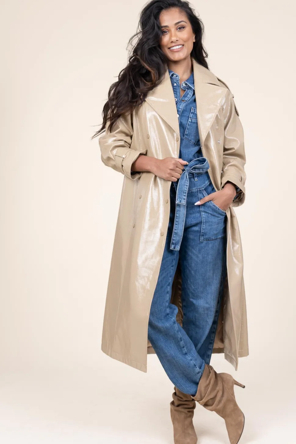 Faux Leather Lacquer Trenchcoat Marceau | Camel... | Dante 6 | Little Soho