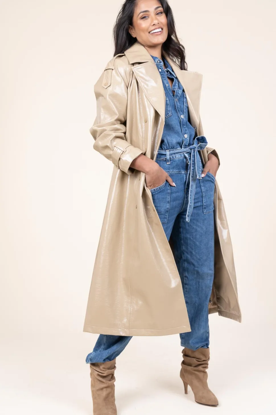 Faux Leather Lacquer Trenchcoat Marceau | Camel... | Dante 6 | Little Soho