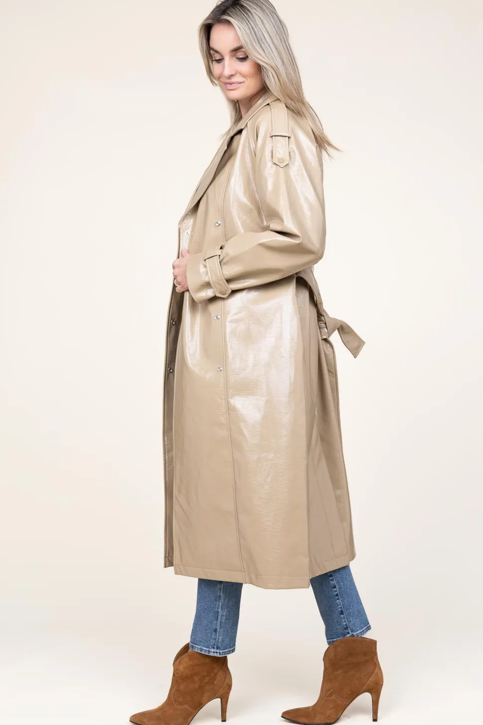 Faux Leather Lacquer Trenchcoat Marceau | Camel... | Dante 6 | Little Soho