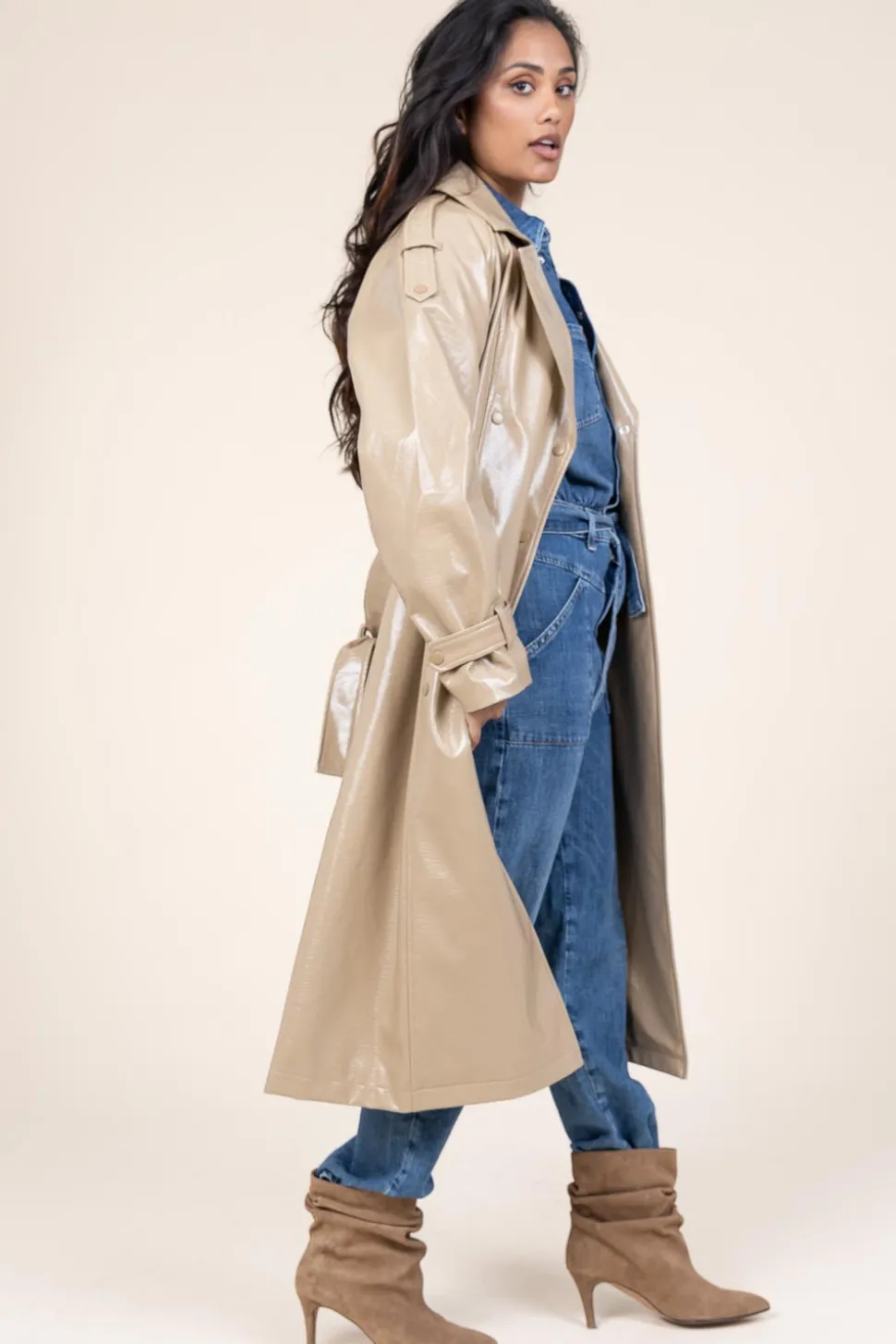 Faux Leather Lacquer Trenchcoat Marceau | Camel... | Dante 6 | Little Soho