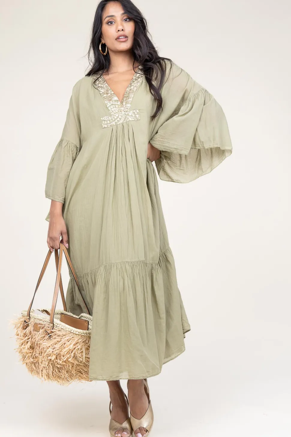 Flowy Embroidered Maxi Dress Ireen | Green... | Greek Archaic Kori | Little Soho
