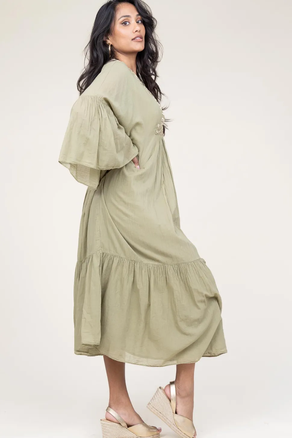 Flowy Embroidered Maxi Dress Ireen | Green... | Greek Archaic Kori | Little Soho