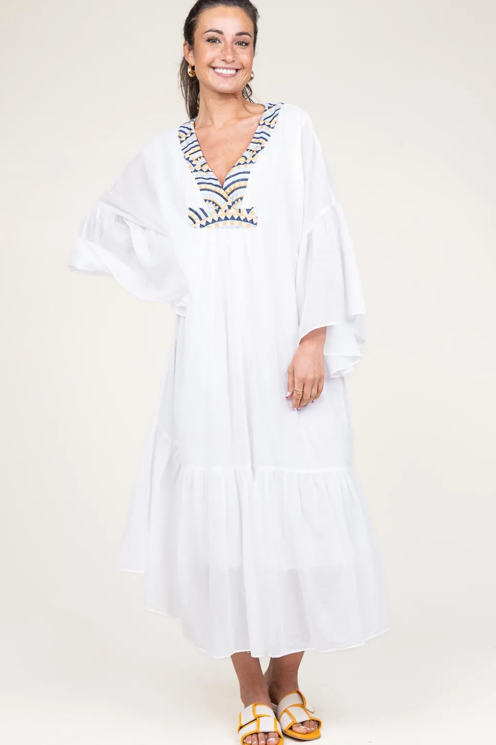 Flowy Embroidered Maxi Dress Ireen | White... | Greek Archaic Kori | Little Soho
