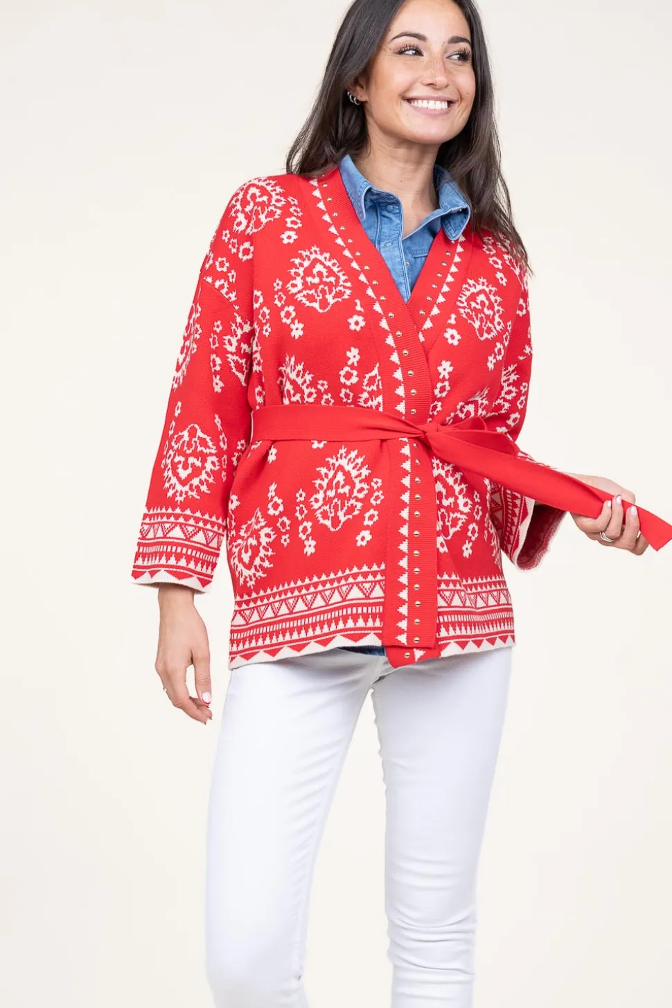 Jacquard Cardigan With Studs Pergola | Red... | Liu Jo | Little Soho
