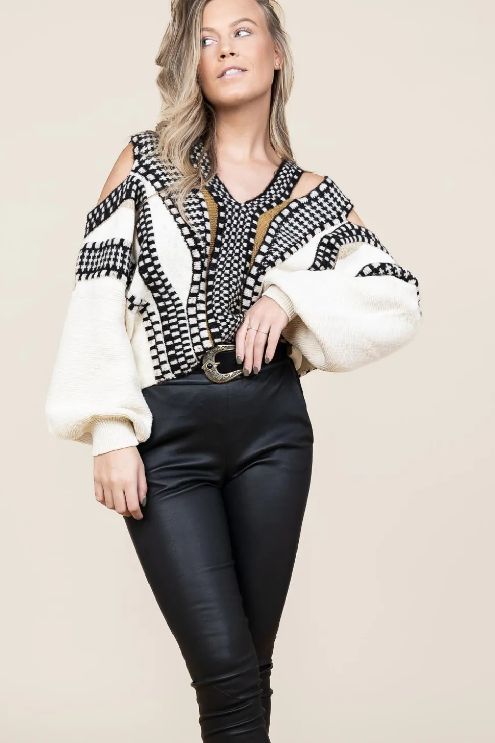 Knitted Sweater With Cut-Outs Misaki | Natural... | Mes Demoiselles | Little Soho