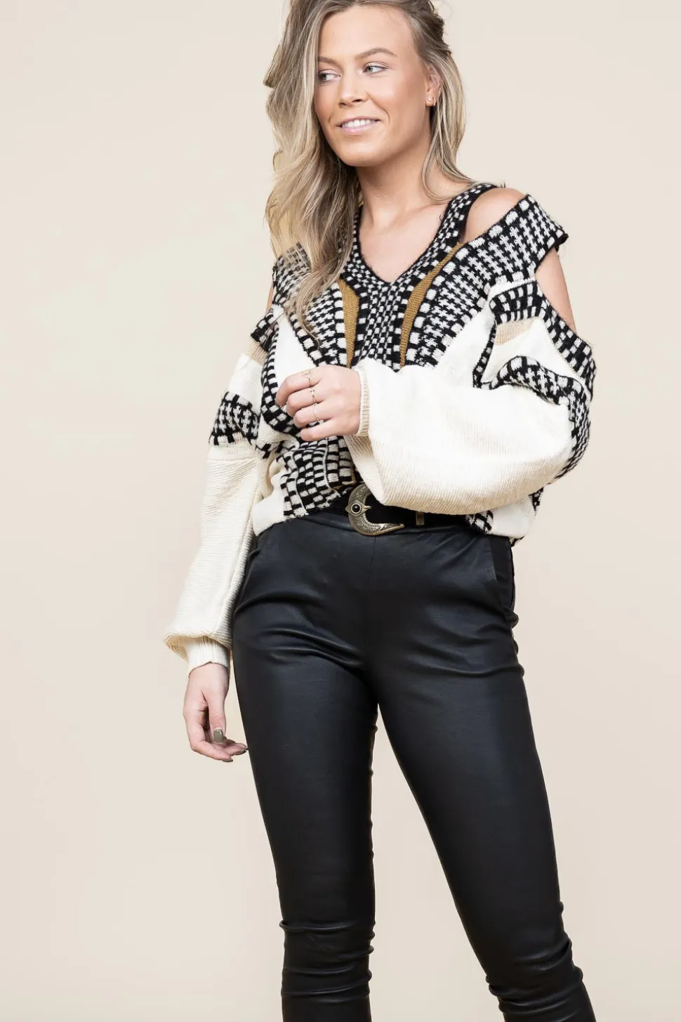 Knitted Sweater With Cut-Outs Misaki | Natural... | Mes Demoiselles | Little Soho
