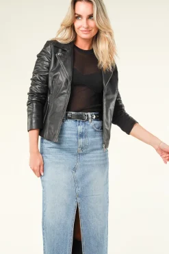 Leather Biker Jacket With Tricot Details Kendall | Black... | Studio Ar | Little Soho