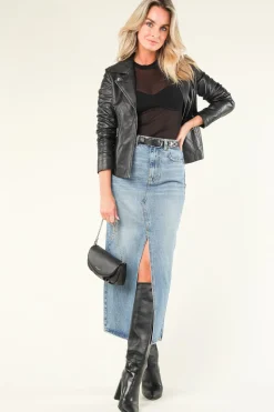 Leather Biker Jacket With Tricot Details Kendall | Black... | Studio Ar | Little Soho