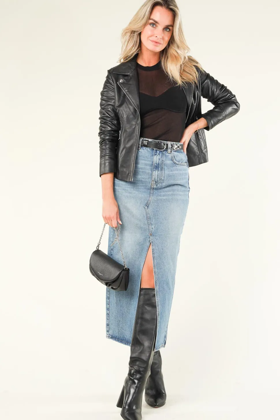 Leather Biker Jacket With Tricot Details Kendall | Black... | Studio Ar | Little Soho