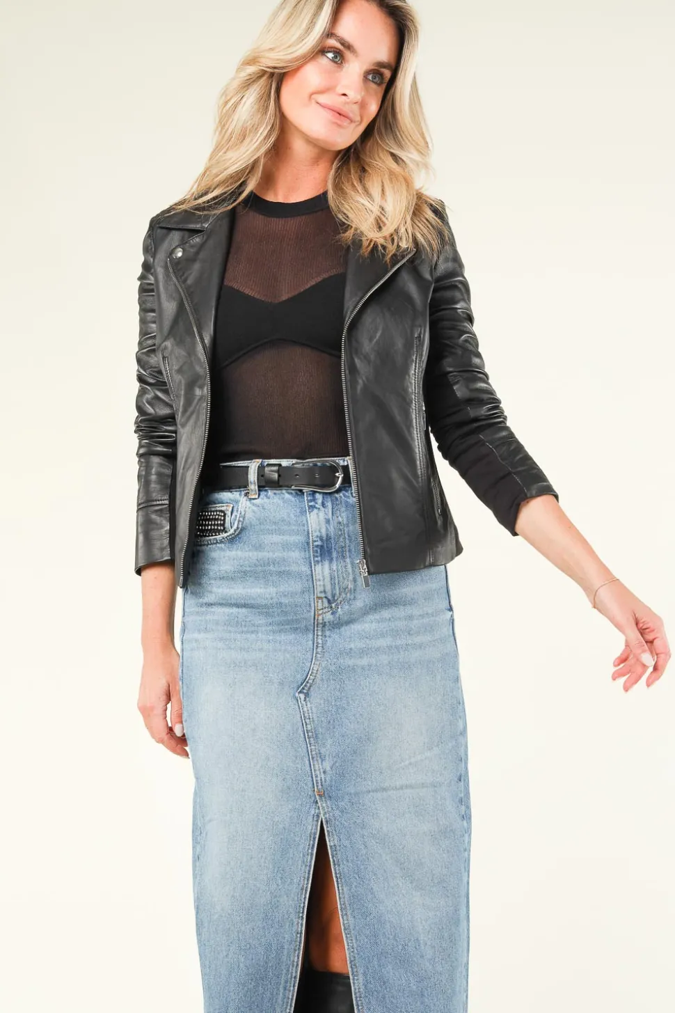 Leather Biker Jacket With Tricot Details Kendall | Black... | Studio Ar | Little Soho
