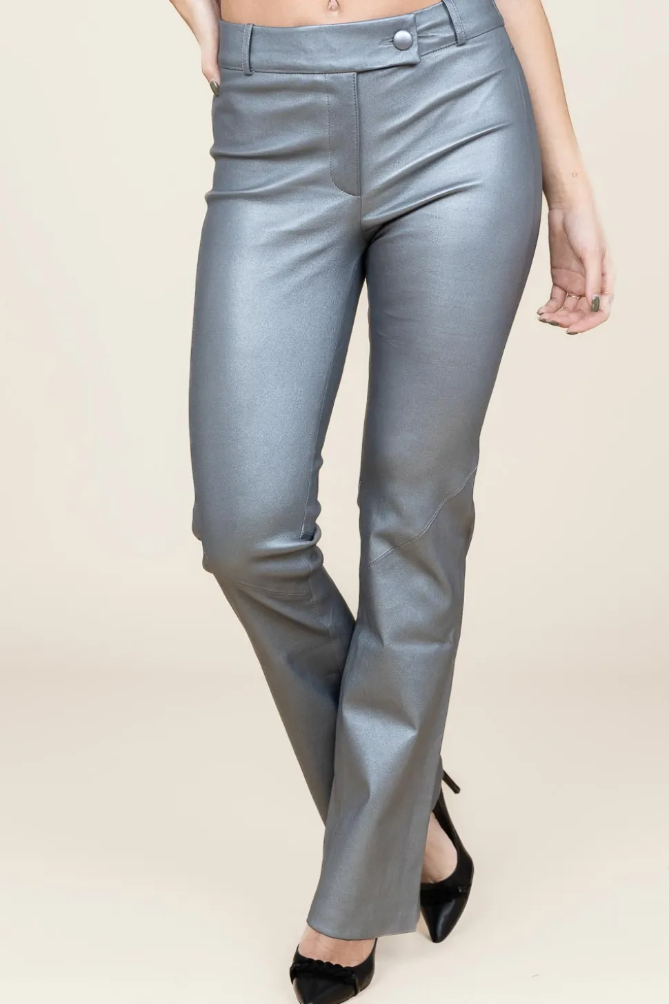 Leather Stretch Flared Pants Jaela | Silver... | Studio Ar | Little Soho