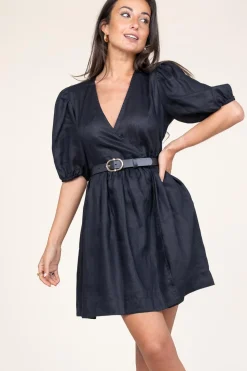 Linen Dress With Puffed Sleeves Jill | Black... | Greek Archaic Kori | Little Soho