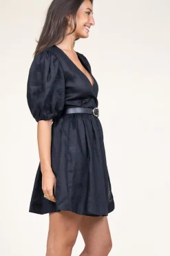 Linen Dress With Puffed Sleeves Jill | Black... | Greek Archaic Kori | Little Soho