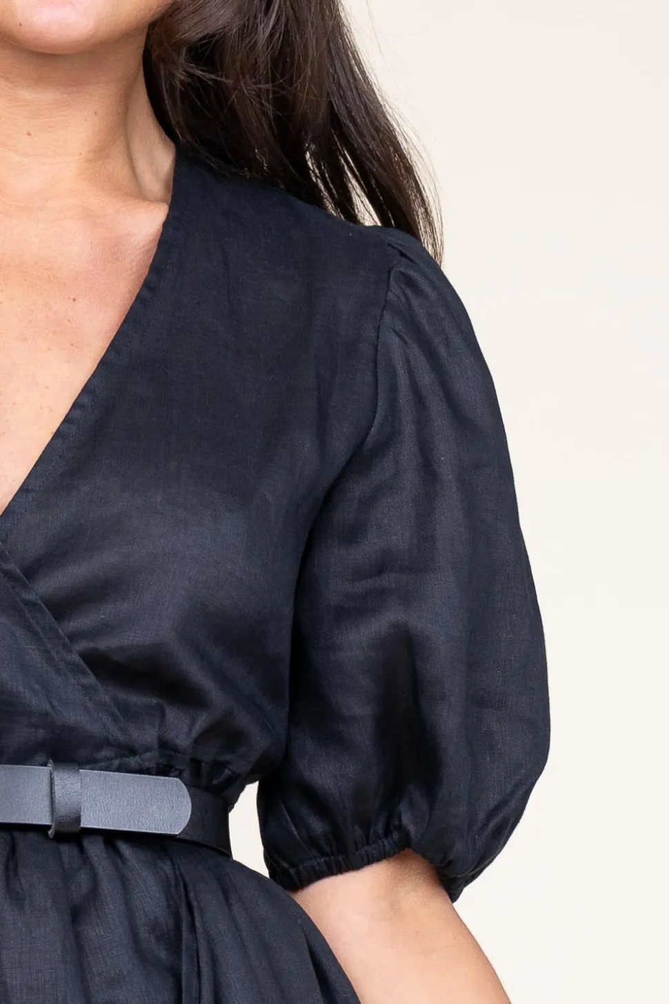 Linen Dress With Puffed Sleeves Jill | Black... | Greek Archaic Kori | Little Soho