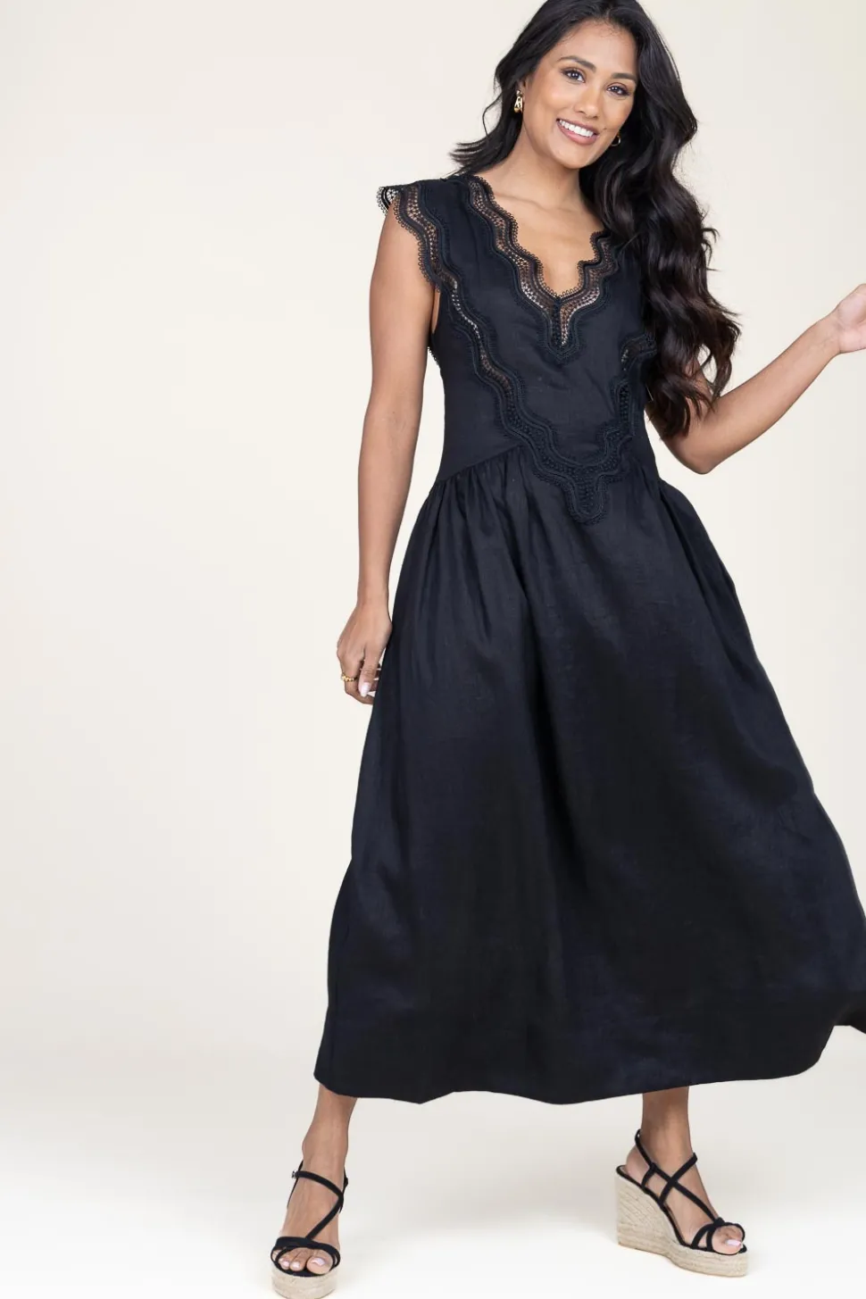 Linen Maxi Dress With Lace Natuli | Black... | Copenhagen Muse | Little Soho