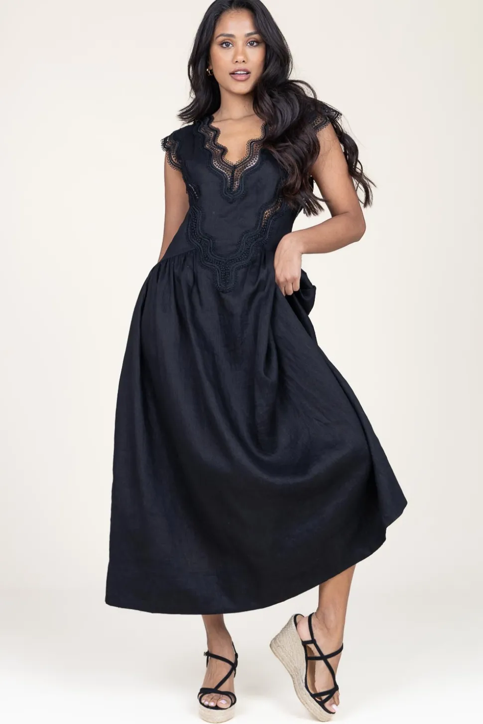 Linen Maxi Dress With Lace Natuli | Black... | Copenhagen Muse | Little Soho