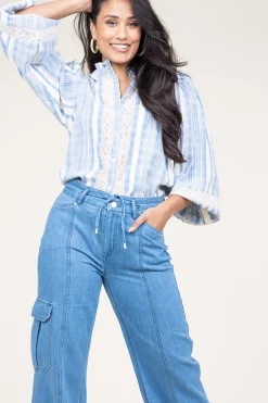 Linen Mix Blouse With Puffed Sleeves Fiorella | Blue... | Stella Forest | Little Soho