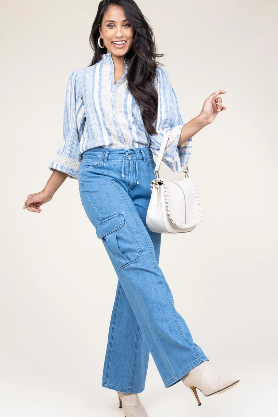 Linen Mix Blouse With Puffed Sleeves Fiorella | Blue... | Stella Forest | Little Soho