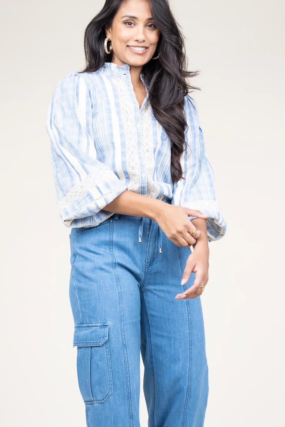 Linen Mix Blouse With Puffed Sleeves Fiorella | Blue... | Stella Forest | Little Soho