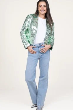 Metallic Leather Biker Jacket Kravitz | Green... | Dante 6 | Little Soho