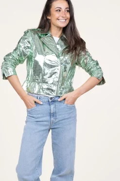 Metallic Leather Biker Jacket Kravitz | Green... | Dante 6 | Little Soho