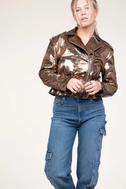 Metallic Leather Biker Jacket Kravitz | Brown... | Dante 6 | Little Soho