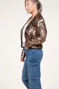 Metallic Leather Biker Jacket Kravitz | Brown... | Dante 6 | Little Soho