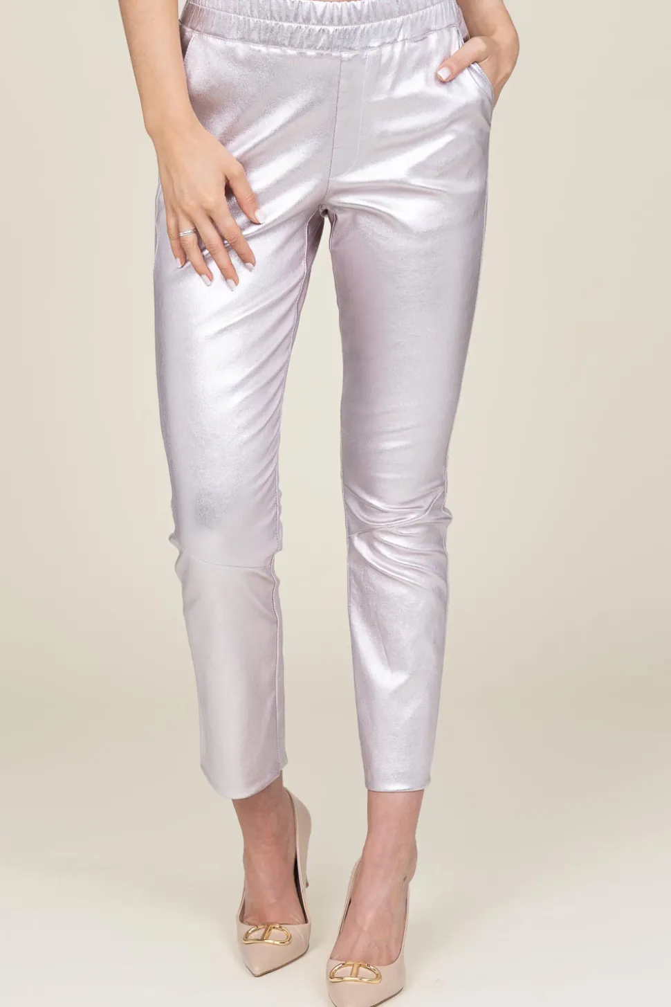 Metallic Stretch Leather Pants Pablo | Pink... | Ibana | Little Soho