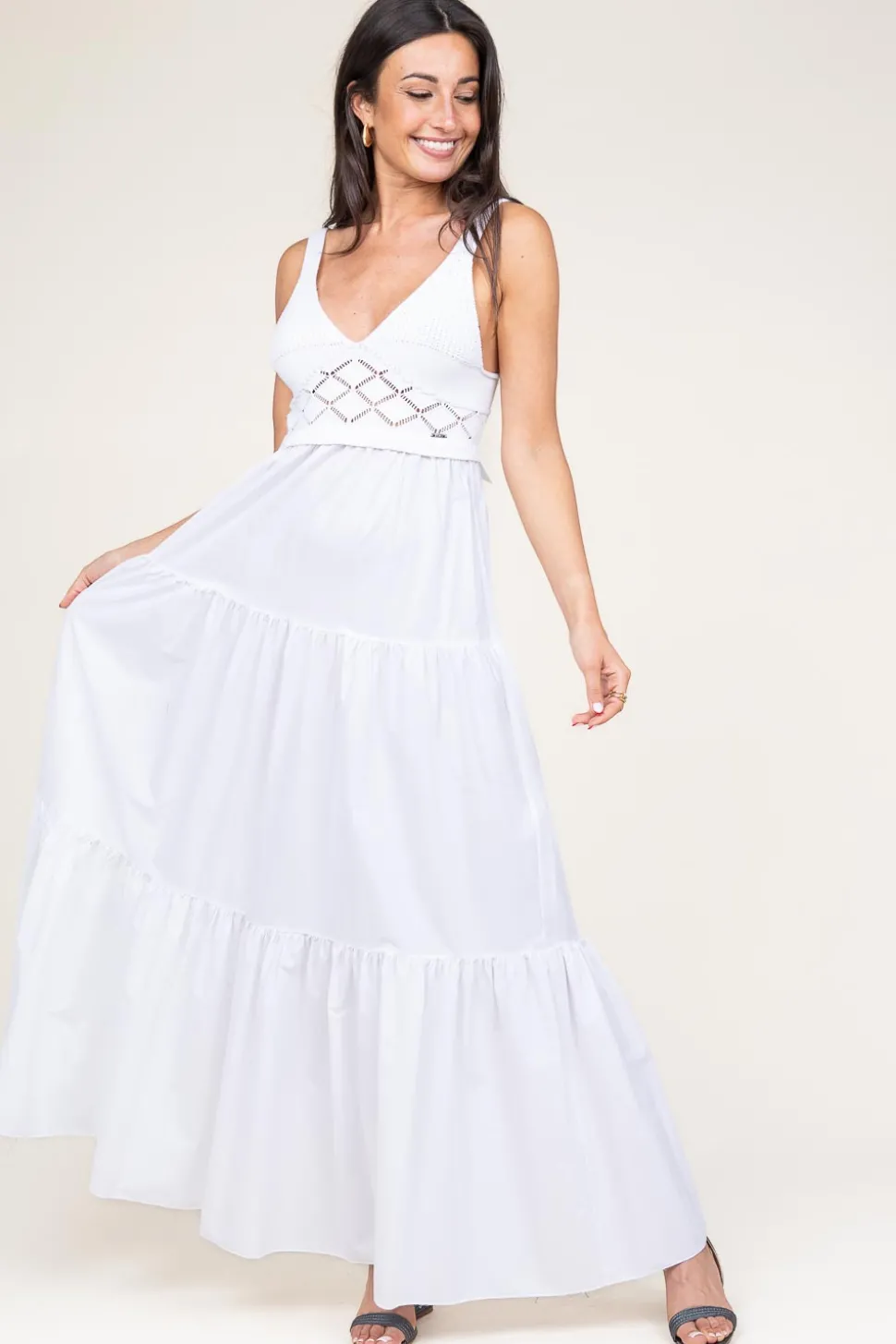 Poplin Crochet Maxi Dress Marsala | White... | Liu Jo | Little Soho