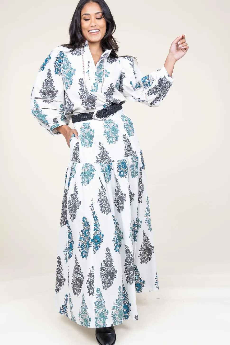 Poplin Maxi Skirt With Print Muguet | White... | Antik Batik | Little Soho