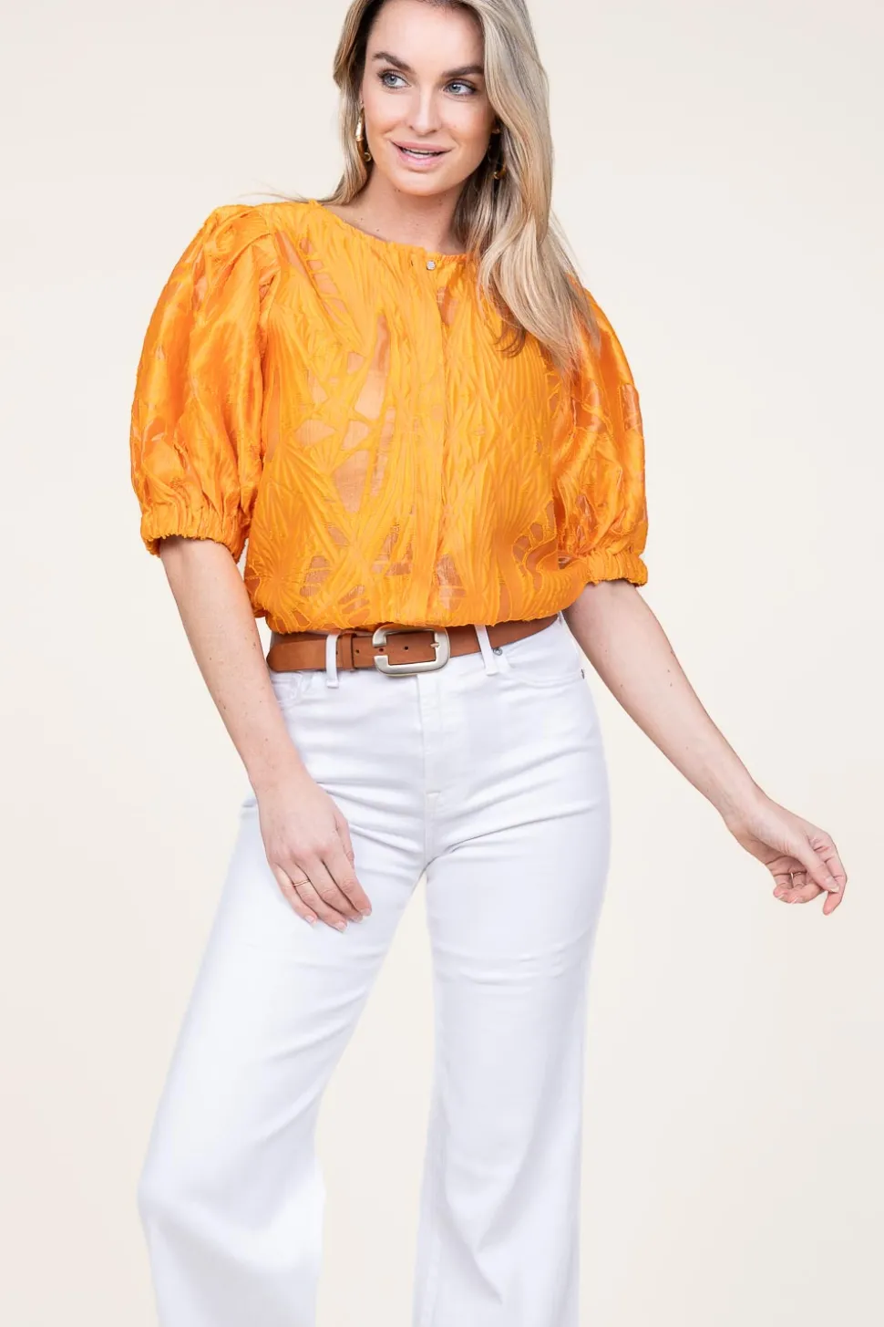 Shiny Flockprint Blouse Baloon | Orange... | Copenhagen Muse | Little Soho