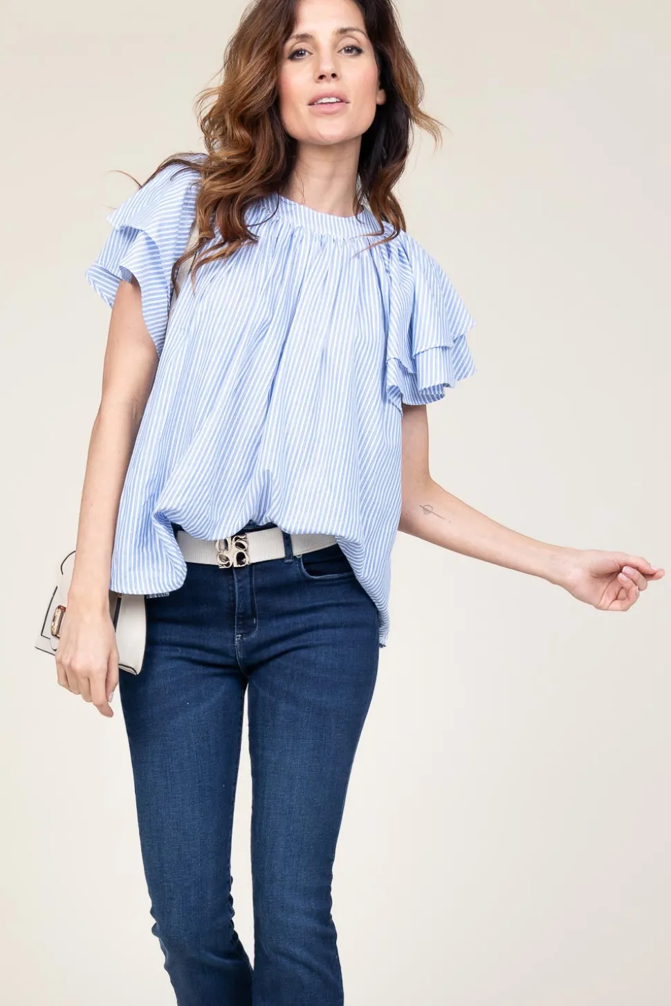 Striped Top With Ruffle Sleeves Truff | Blue... | Ibana | Little Soho
