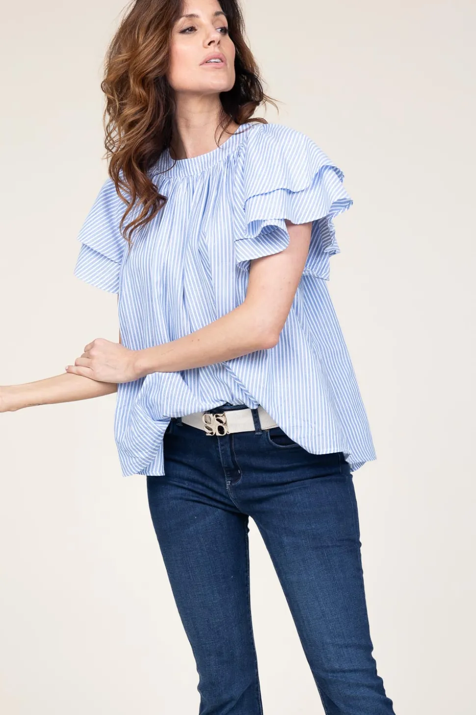 Striped Top With Ruffle Sleeves Truff | Blue... | Ibana | Little Soho