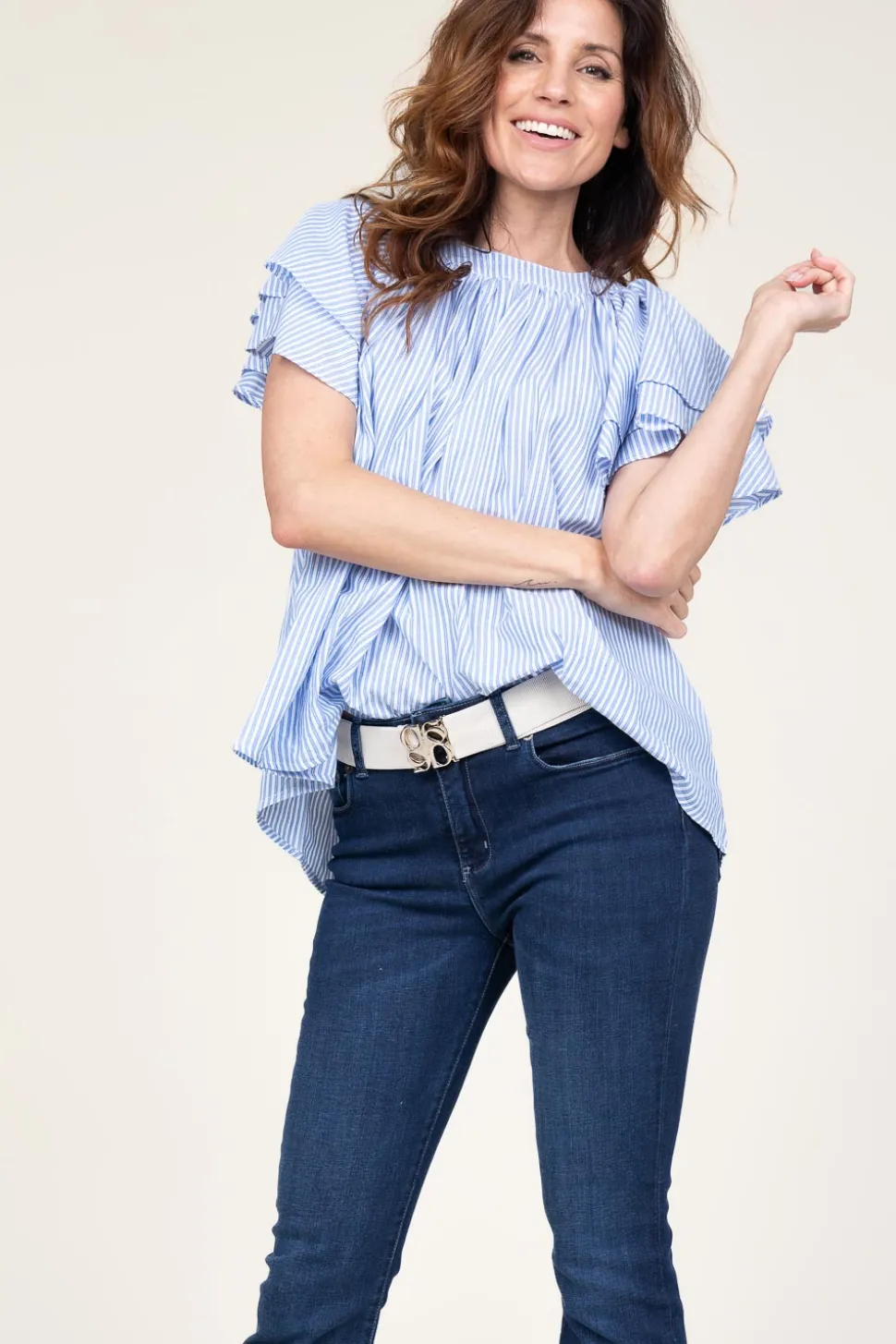 Striped Top With Ruffle Sleeves Truff | Blue... | Ibana | Little Soho
