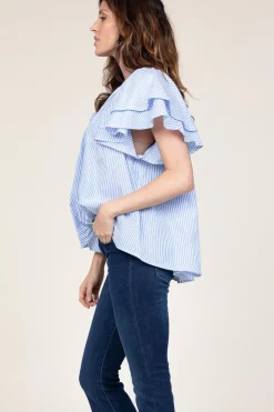 Striped Top With Ruffle Sleeves Truff | Blue... | Ibana | Little Soho